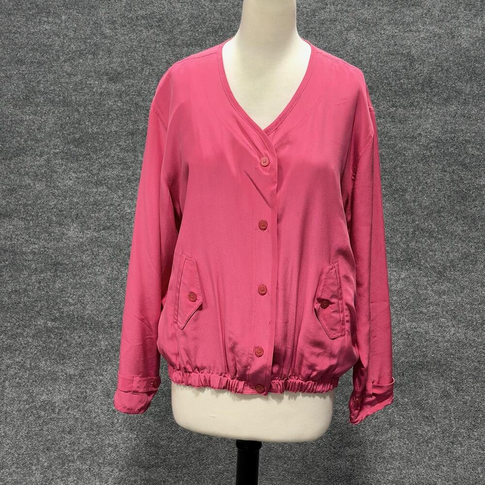 MOI Jacket Womens M Pink 100% Silk Collarless Bomber Elastic Hem Button Front
